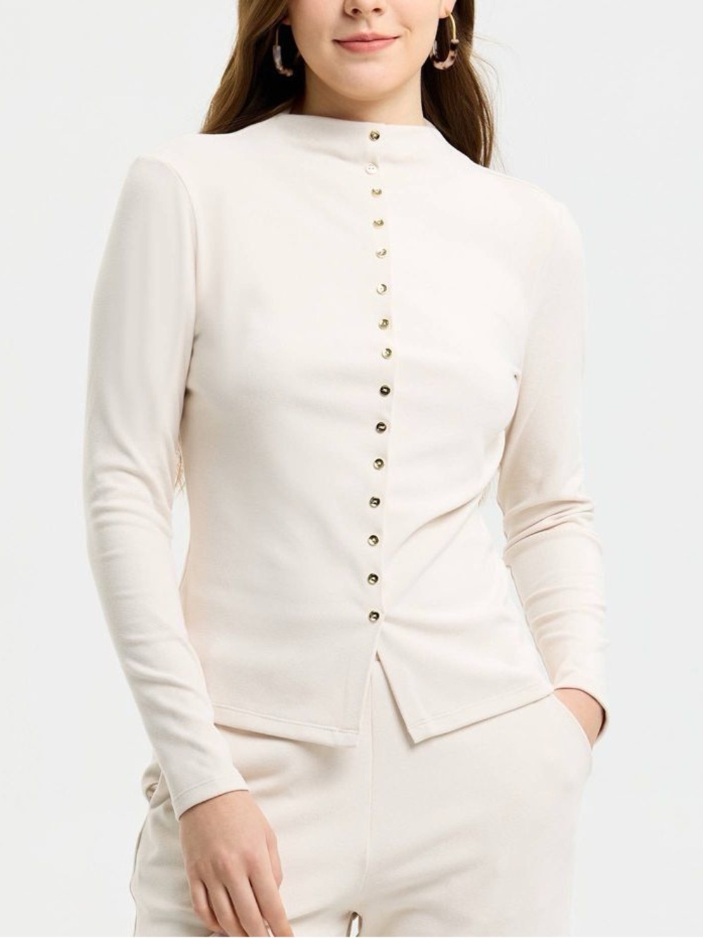 a new day Cream Long-Sleeve Mock Neck Top with Gold Buttons